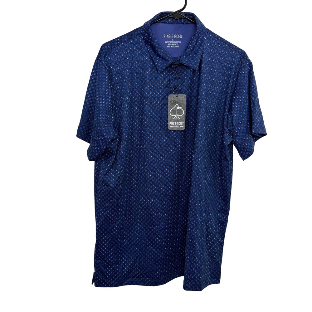 Pins & Aces Polo Mens XL Blue Geometric Performance Golf Shirt Short Sleeve